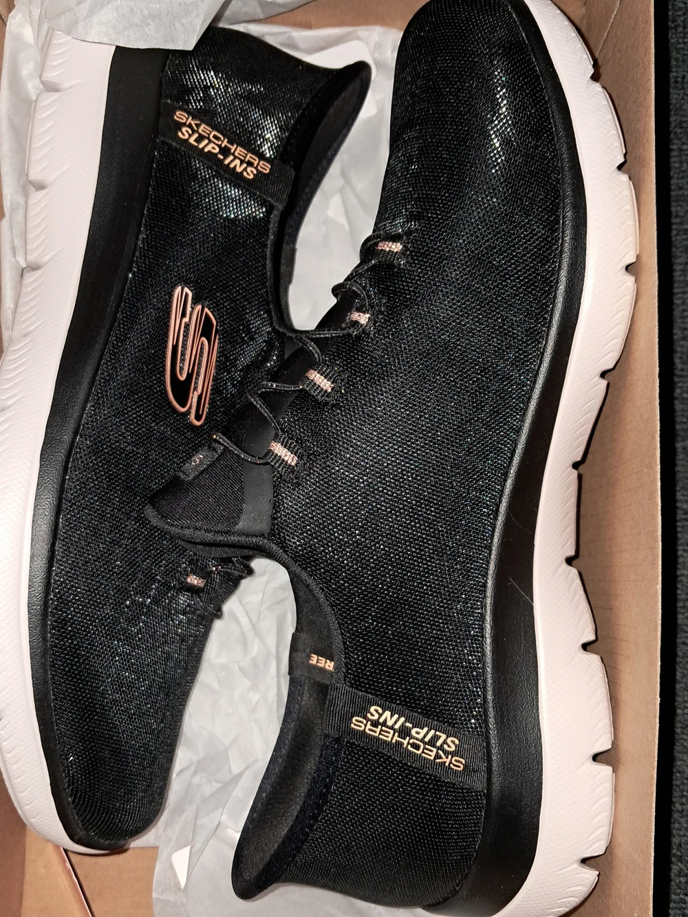 Skechers Black Knit Slip-On Sneakers with Rose Gold Accents